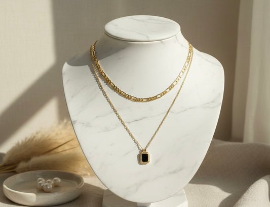 Black stone double Layered Chain Necklace