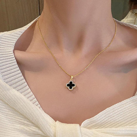 Four Leaf Black stone clover Pendant